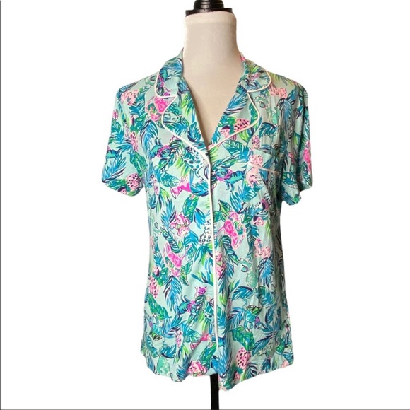 Lilly Pulitzer PJ Knit SS Button-Up Top Sea Salt Blue Barking Up the Palm Tree - Picture 1 of 8